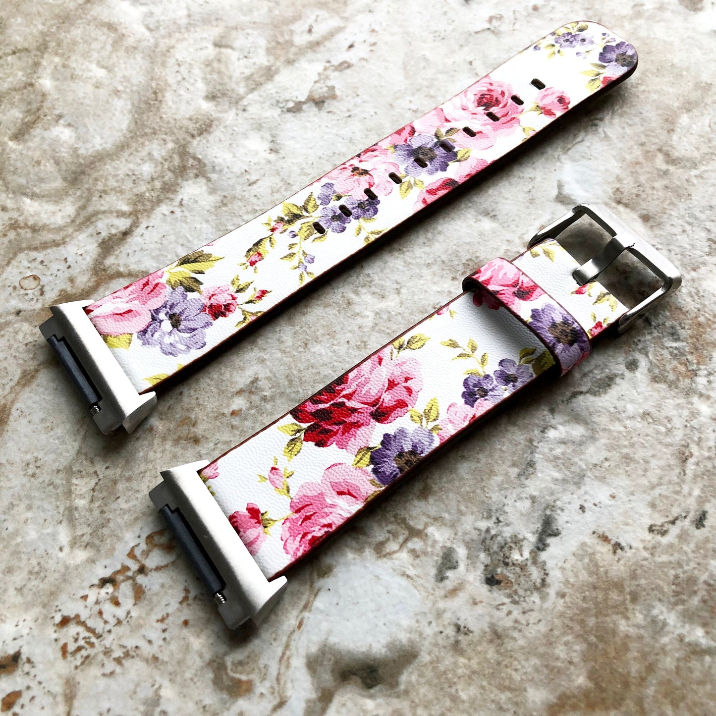 Fitbit Ionic Red Floral FL-3 Soft Leather Band Strap for Watch Band Strap with Quick Release Adapters in Silver Rose Gold Black