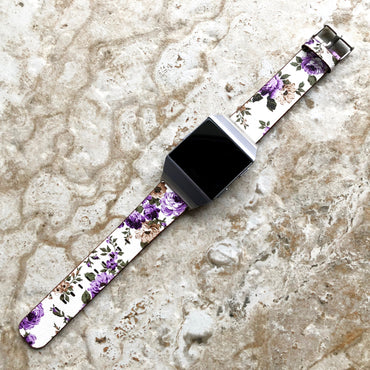 Fitbit Ionic Purple Floral FL-4 Soft Leather Band Strap for Watch Band Strap with Quick Release Adapters in Silver Rose Gold Black