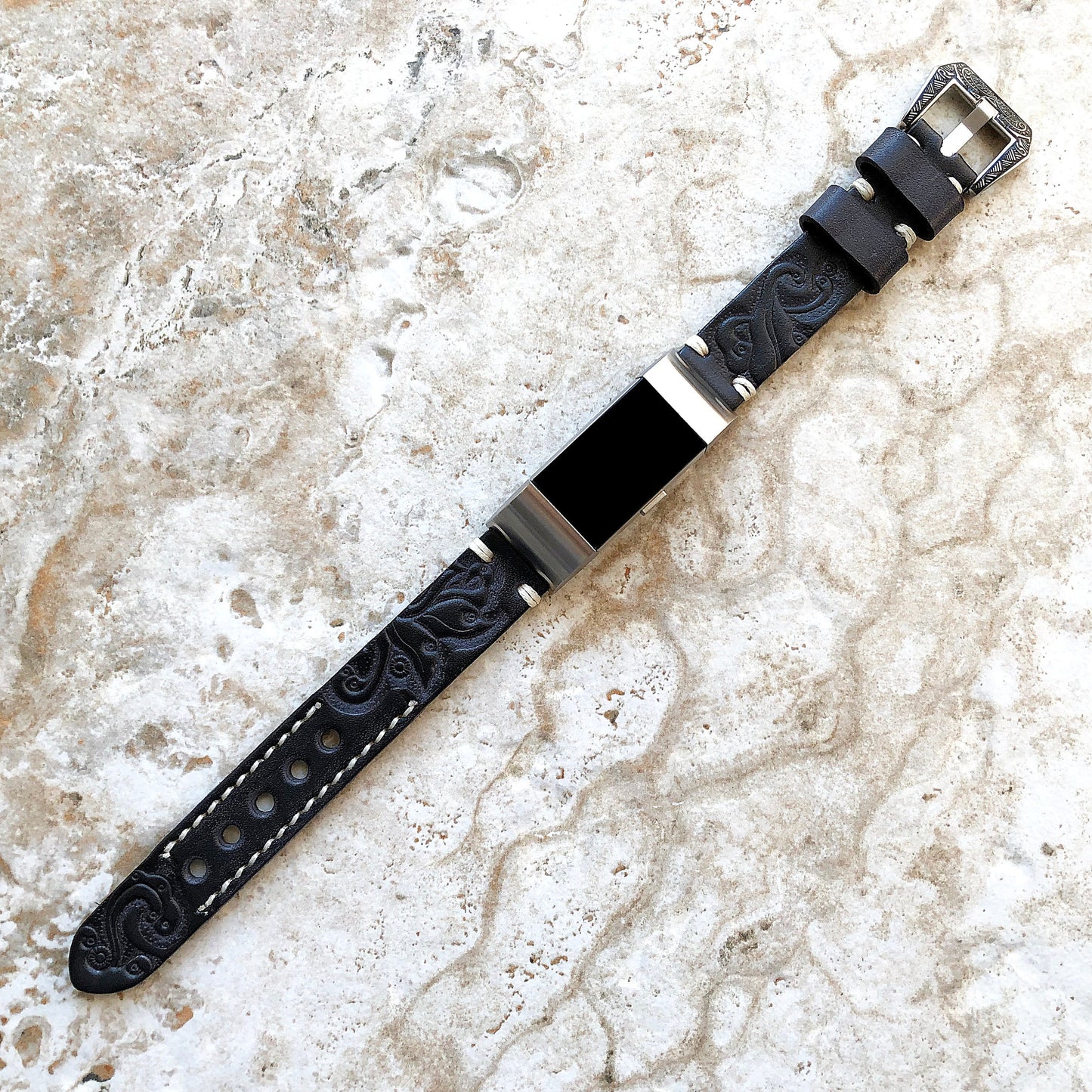 Fitbit Charge 2 Black Gray Tooled Embossed Leather Band Strap Bracelet Compatible with Fitness Tracker Wristband w Adapters Quick Release