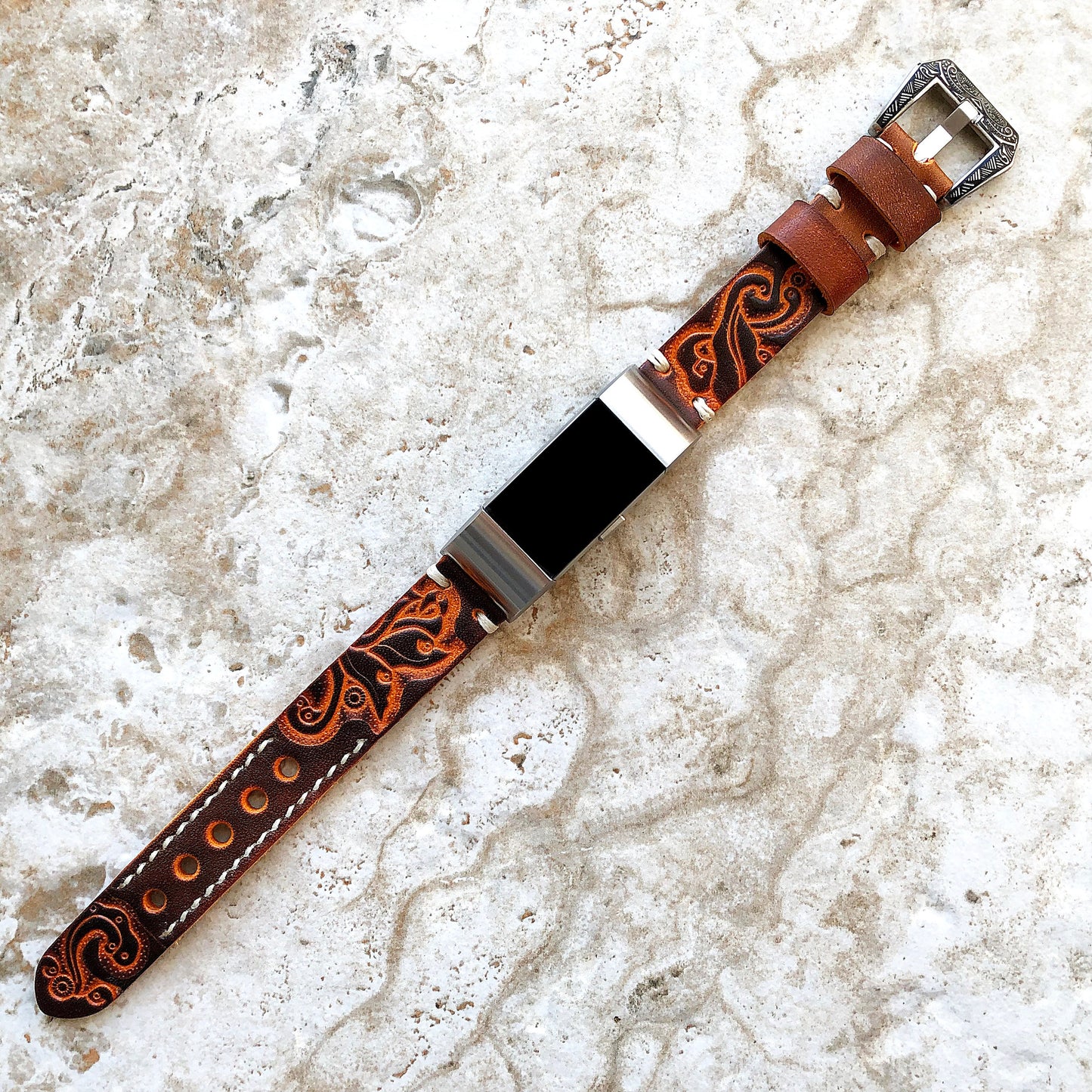 Fitbit Charge 6 5 4 3 Brown Orange Leather Band for Fitness Tracker Tooled Embossed Handmade Strap Bracelet Wristband Adapters Quick Release