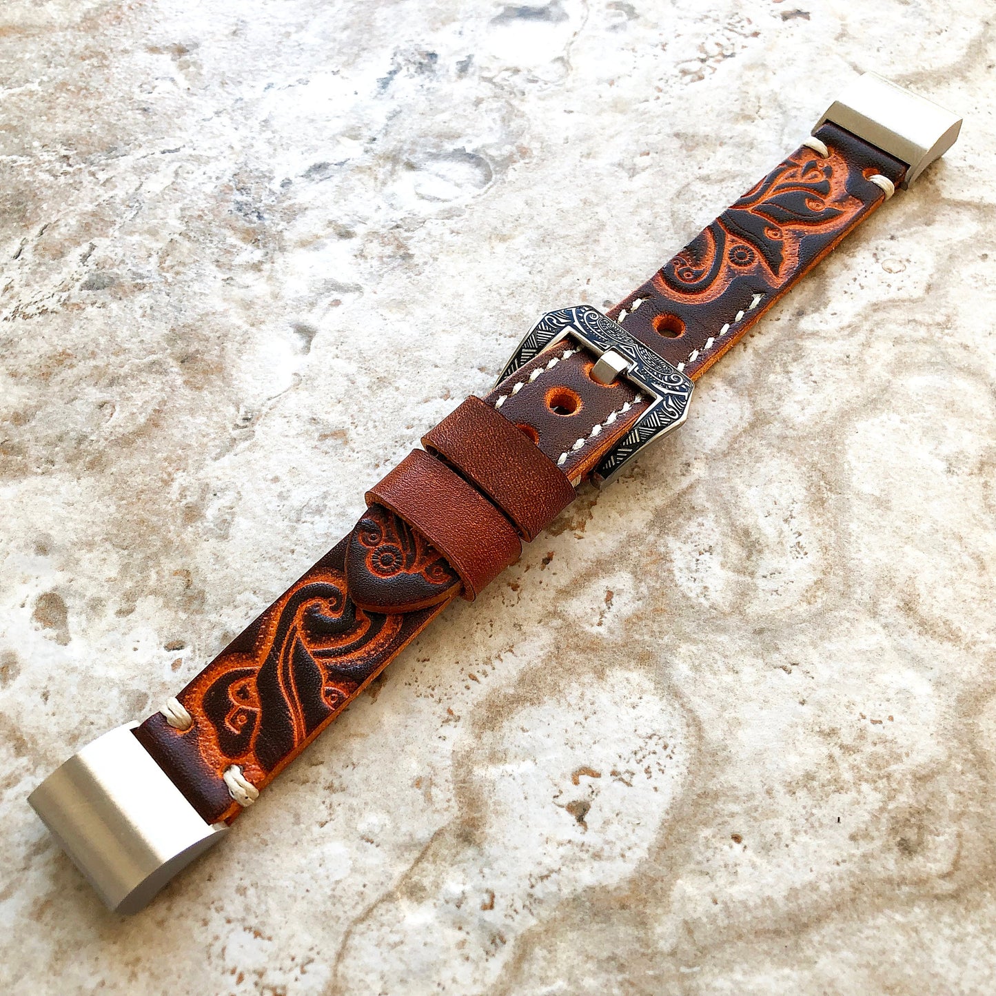 Fitbit Charge 6 5 4 3 Brown Orange Leather Band for Fitness Tracker Tooled Embossed Handmade Strap Bracelet Wristband Adapters Quick Release