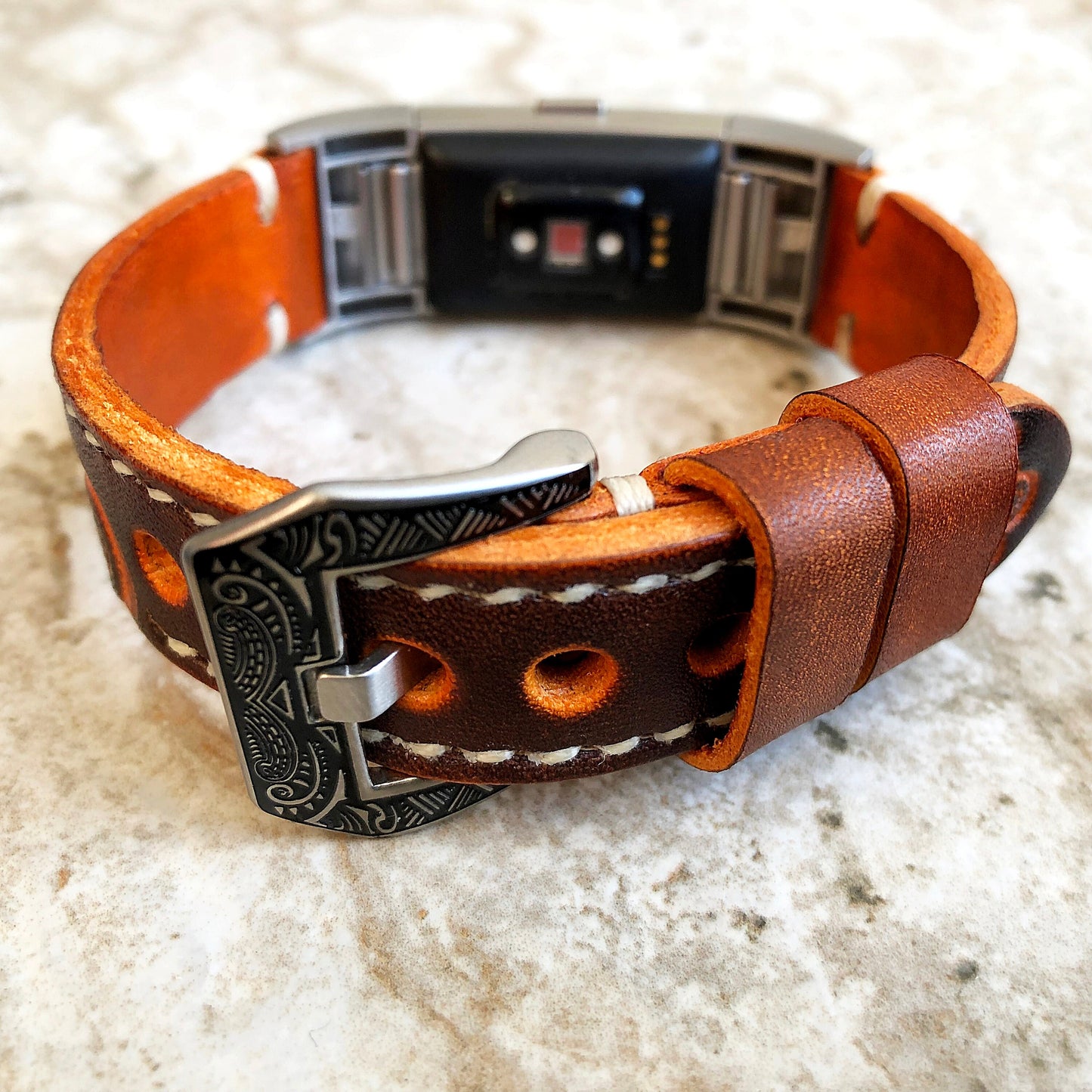 Fitbit Charge 6 5 4 3 Brown Orange Tooled Embossed Handmade Leather Band Strap Bracelet for Fitness Tracker Wristband Adapters Quick Release