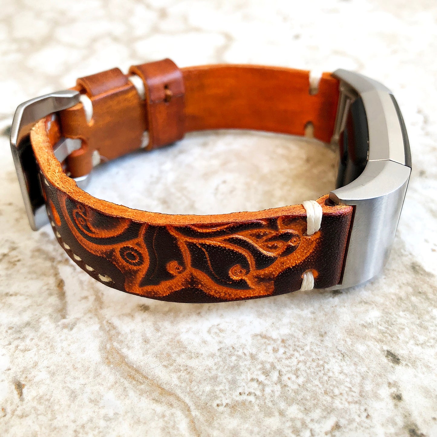 Fitbit Charge 6 5 4 3 Brown Orange Tooled Embossed Handmade Leather Band Strap Bracelet for Fitness Tracker Wristband Adapters Quick Release