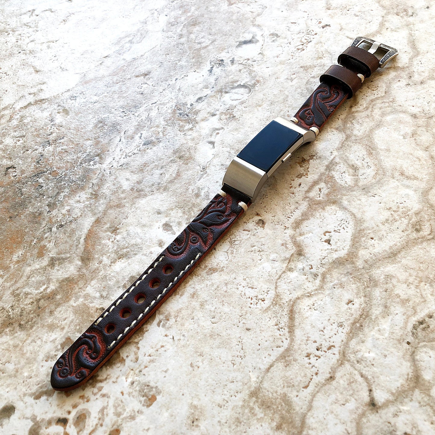 Fitbit Charge 6 5 4 3 Dark Brown Leather Band for Fitness Tracker Tooled Embossed Handmade Strap Bracelet Wristband Adapters Quick Release