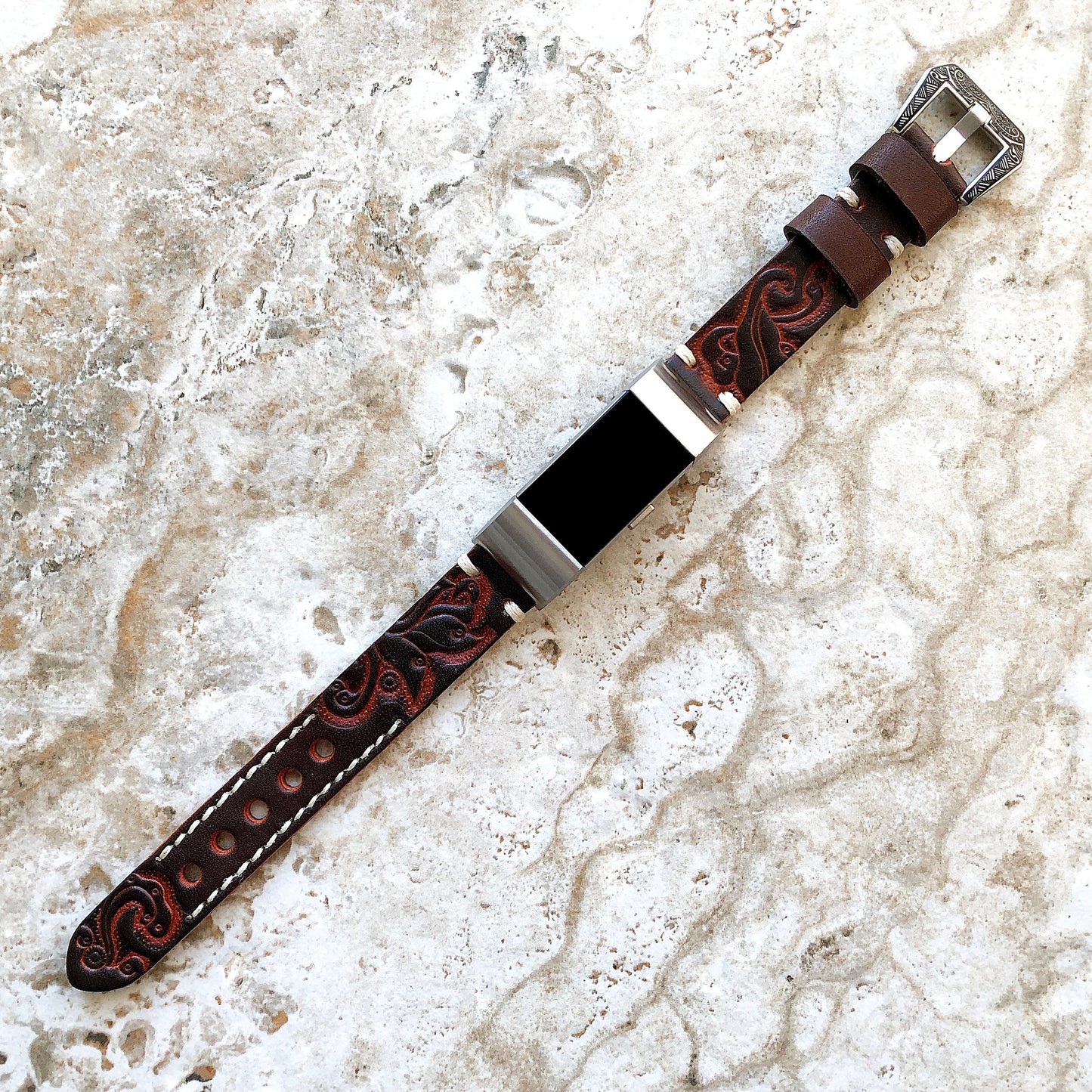 Fitbit Charge 6 5 4 3 Dark Brown Leather Band for Fitness Tracker Tooled Embossed Handmade Strap Bracelet Wristband Adapters Quick Release