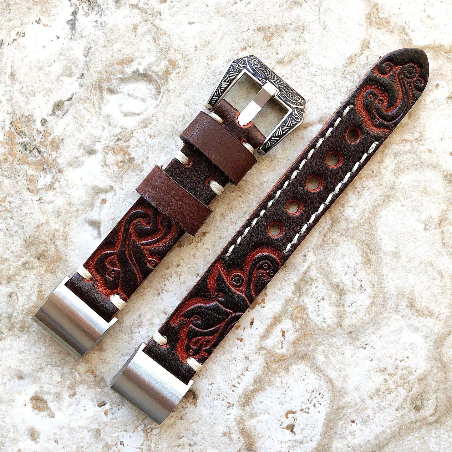 Fitbit Charge 6 5 4 3 Dark Brown Leather Band for Fitness Tracker Tooled Embossed Handmade Strap Bracelet Wristband Adapters Quick Release