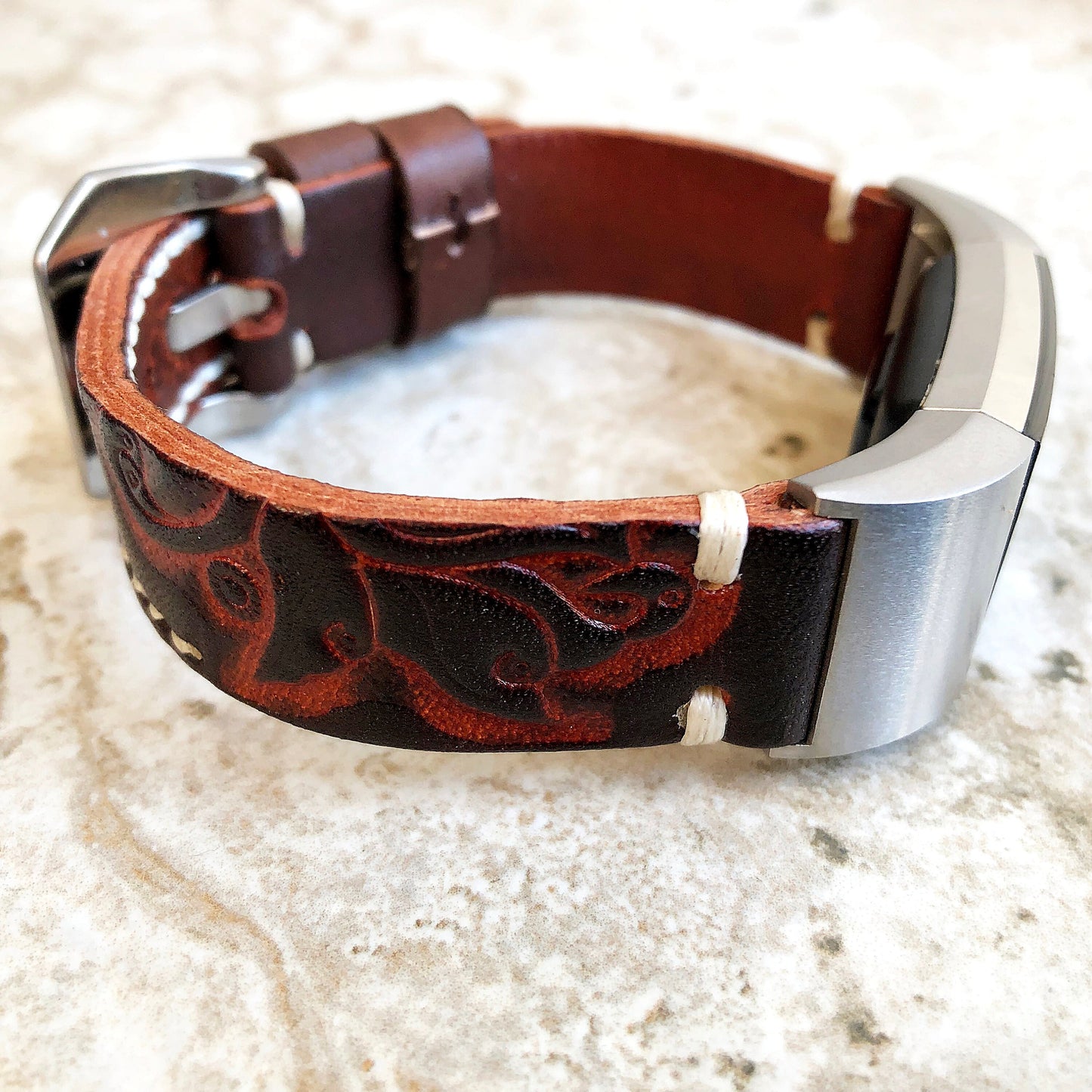 Fitbit Charge 6 5 4 3 Dark Brown Tooled Embossed Handmade Leather Band Strap Bracelet for Fitness Tracker Wristband w Adapters Quick Release