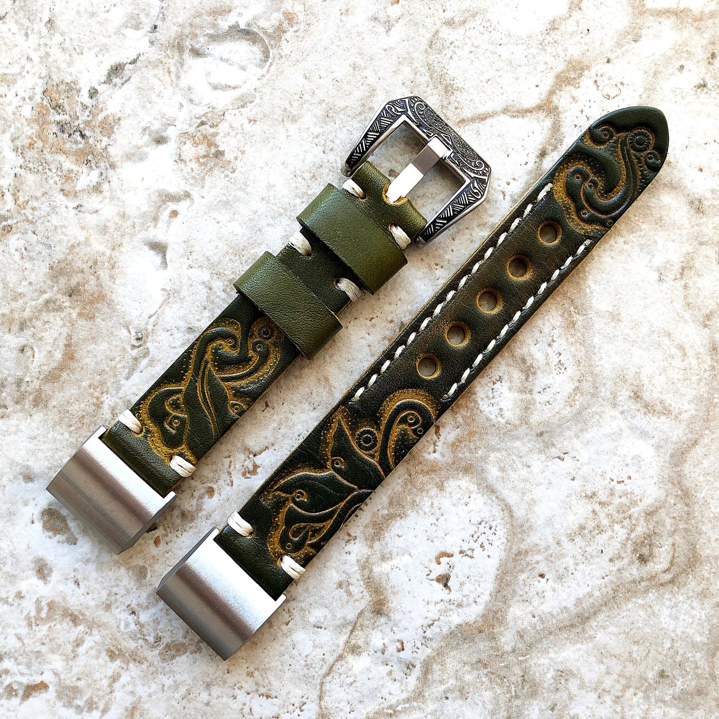 Fitbit Charge 6 5 4 3 Green Yellow Leather Band for Fitness Tracker Tooled Embossed Handmade Strap Bracelet Wristband Adapters Quick Release