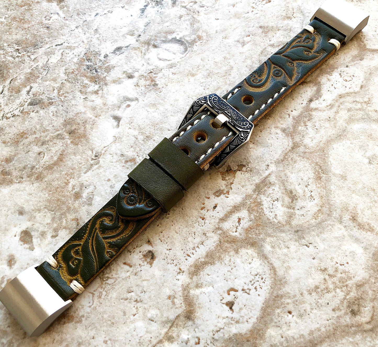 Fitbit Charge 6 5 4 3 Green Yellow Leather Band for Fitness Tracker Tooled Embossed Handmade Strap Bracelet Wristband Adapters Quick Release