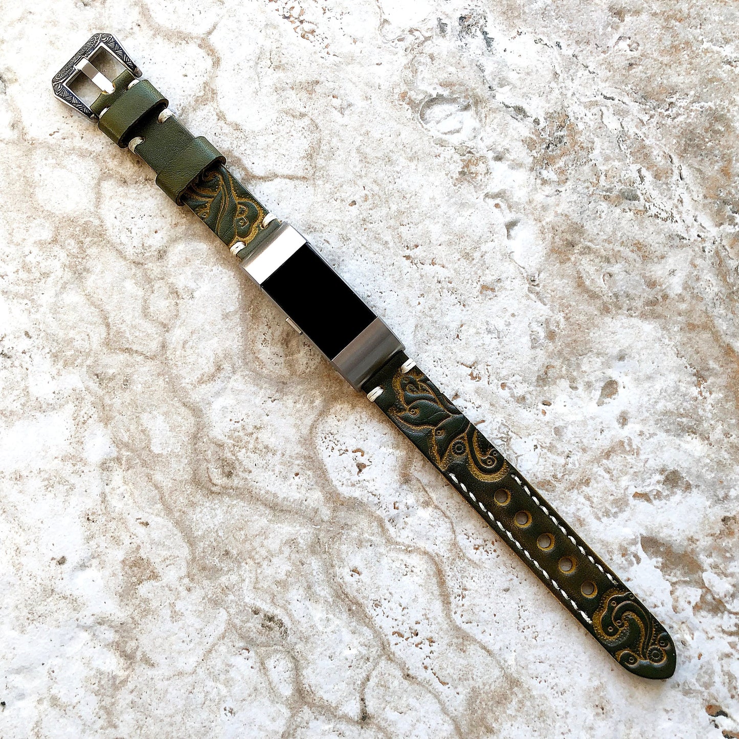 Fitbit Charge 6 5 4 3 Green Yellow Tooled Embossed Handmade Leather Band Strap Bracelet for Fitness Tracker Wristband Adapters Quick Release