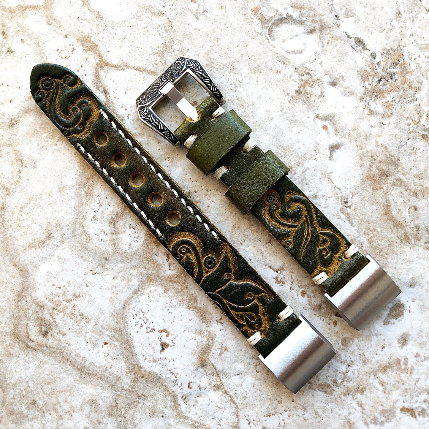 Fitbit Charge 6 5 4 3 Green Yellow Tooled Embossed Handmade Leather Band Strap Bracelet for Fitness Tracker Wristband Adapters Quick Release