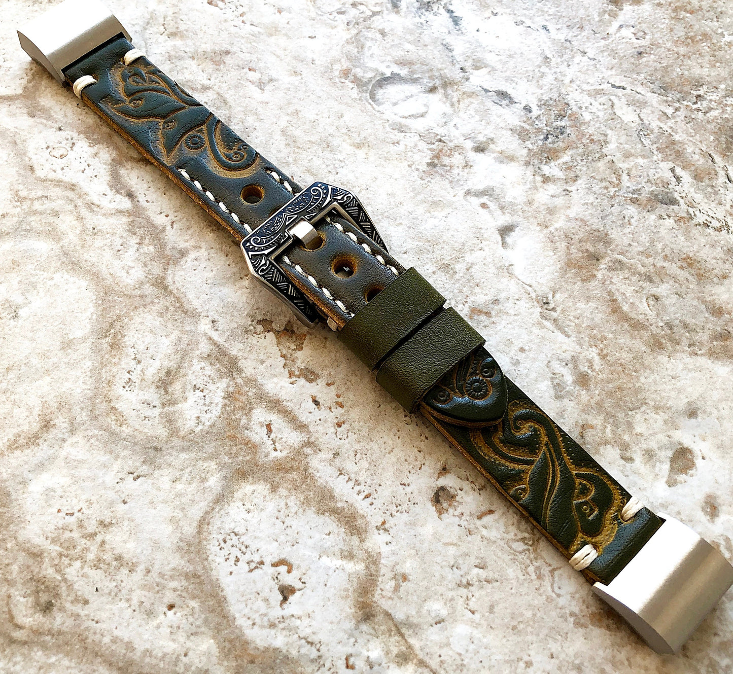 Fitbit Charge 6 5 4 3 Green Yellow Tooled Embossed Handmade Leather Band Strap Bracelet for Fitness Tracker Wristband Adapters Quick Release