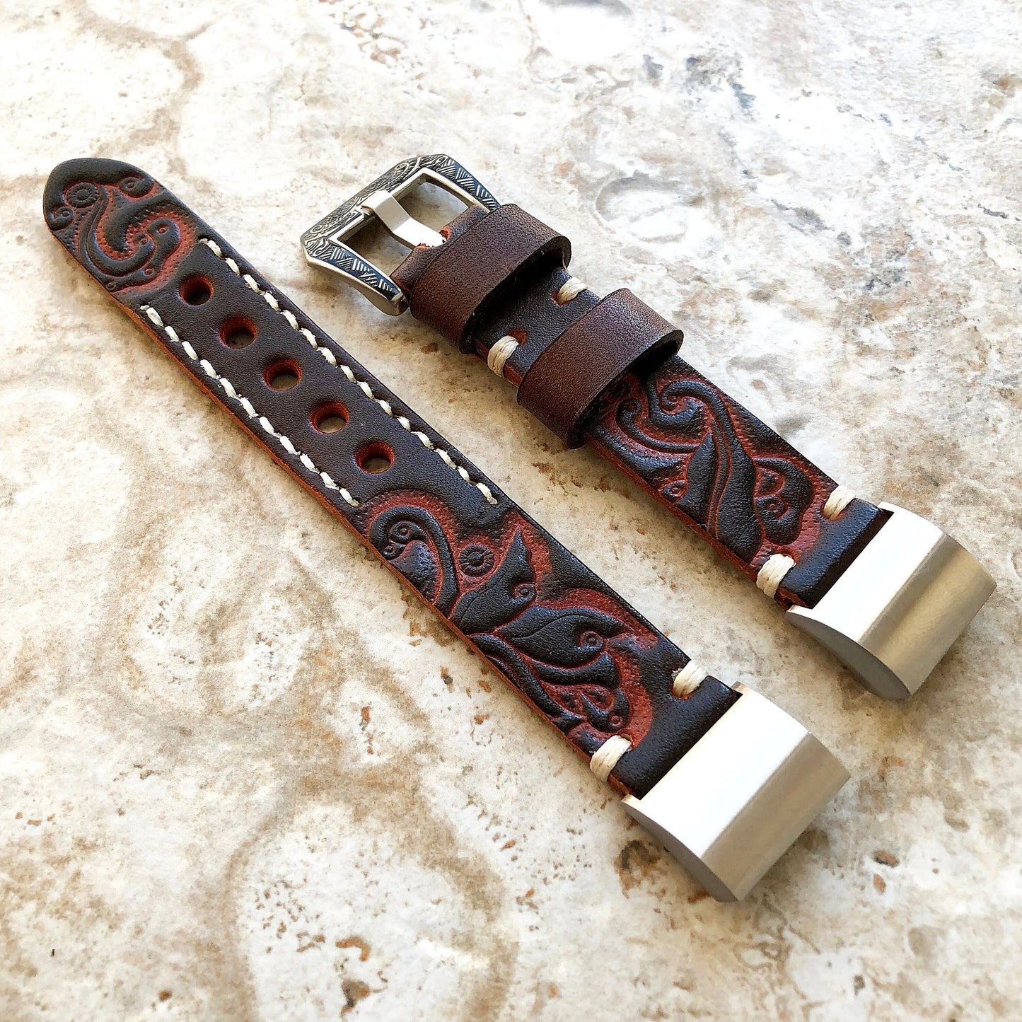 Fitbit Charge 6 5 4 3 Dark Brown Tooled Embossed Handmade Leather Band Strap Bracelet for Fitness Tracker Wristband w Adapters Quick Release