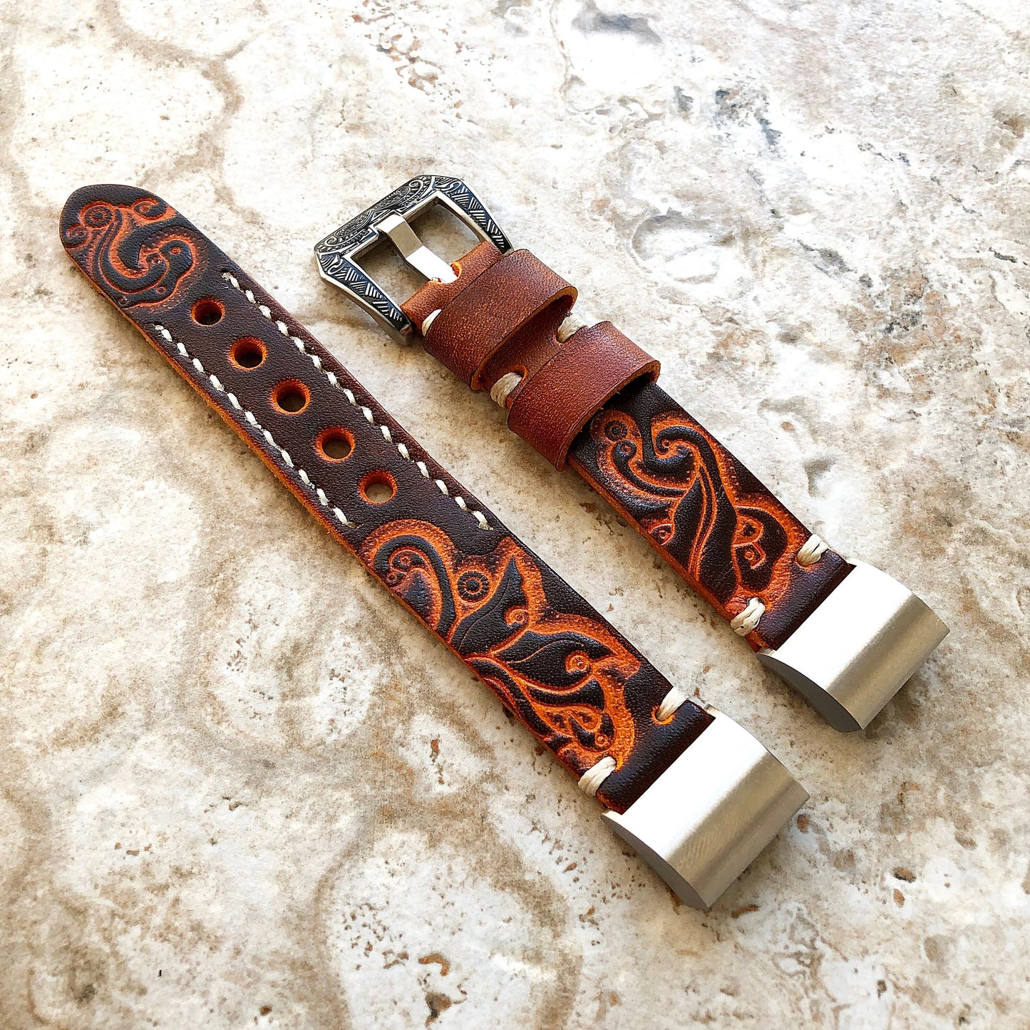 Fitbit Charge 6 5 4 3 Brown Orange Tooled Embossed Handmade Leather Band Strap Bracelet for Fitness Tracker Wristband Adapters Quick Release