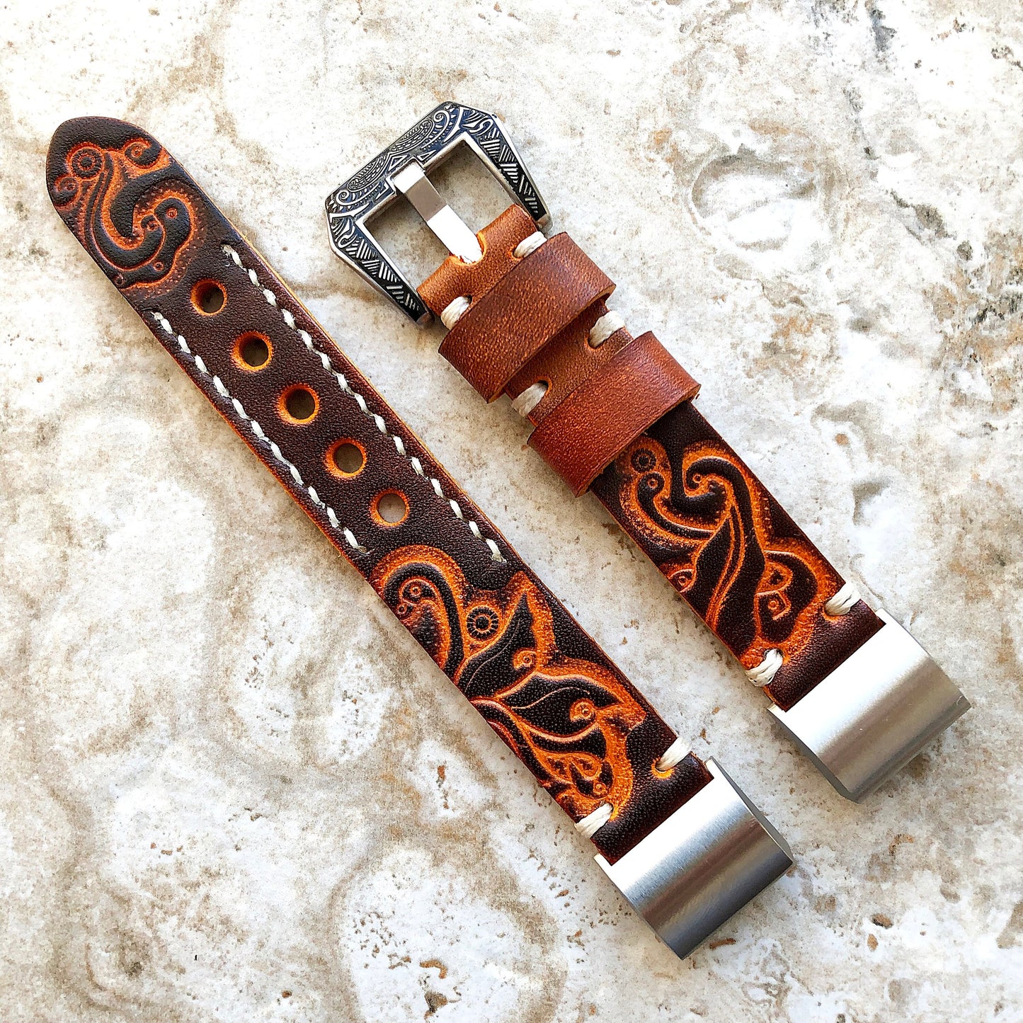Fitbit Charge 6 5 4 3 Brown Orange Tooled Embossed Handmade Leather Band Strap Bracelet for Fitness Tracker Wristband Adapters Quick Release
