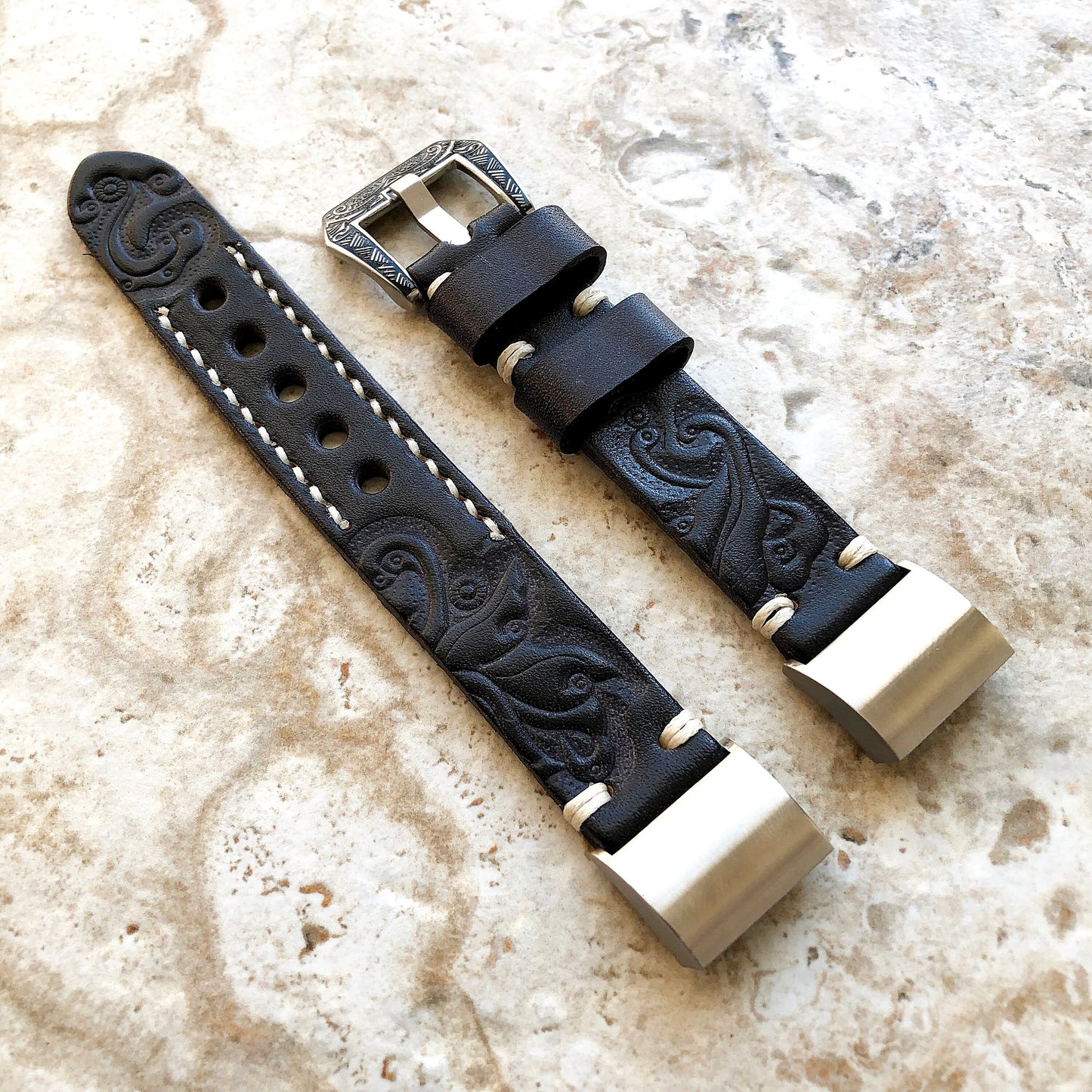 Fitbit Charge 6 5 4 3 Black Gray Tooled Embossed Handmade Leather Band Strap Bracelet for Fitness Tracker Wristband Adapters Quick Release