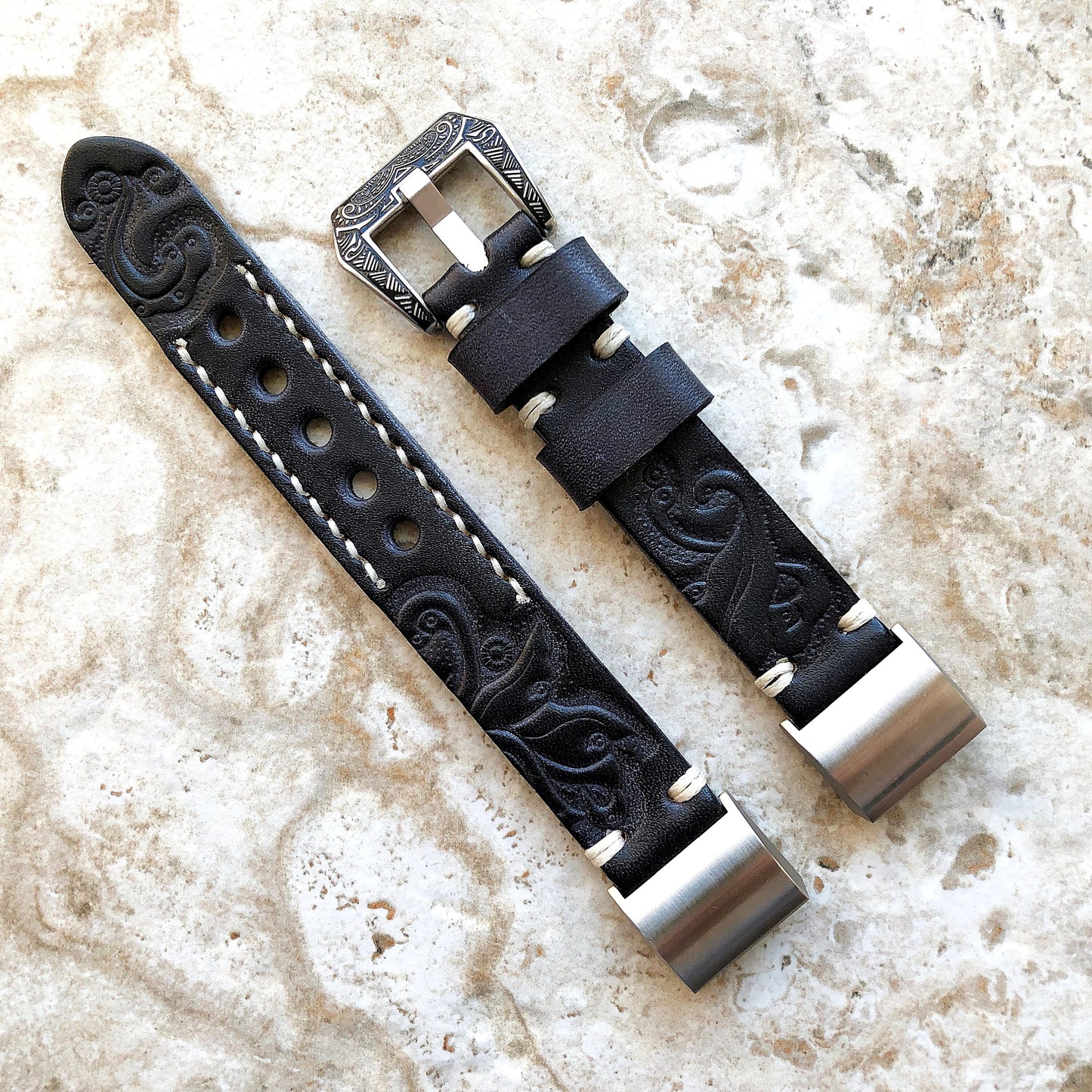 Fitbit Charge 6 5 4 3 Black Gray Tooled Embossed Handmade Leather Band Strap Bracelet for Fitness Tracker Wristband Adapters Quick Release