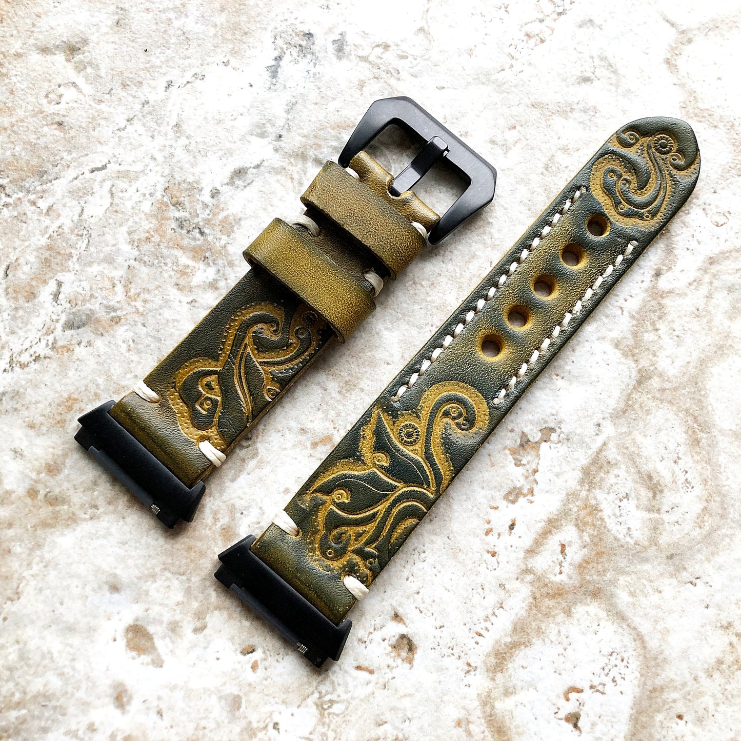 Fitbit Ionic Green Yellow Tooled Embossed Handmade Leather Bracelet for Watch Band Strap with Quick Release Adapters Silver Rose Gold Black
