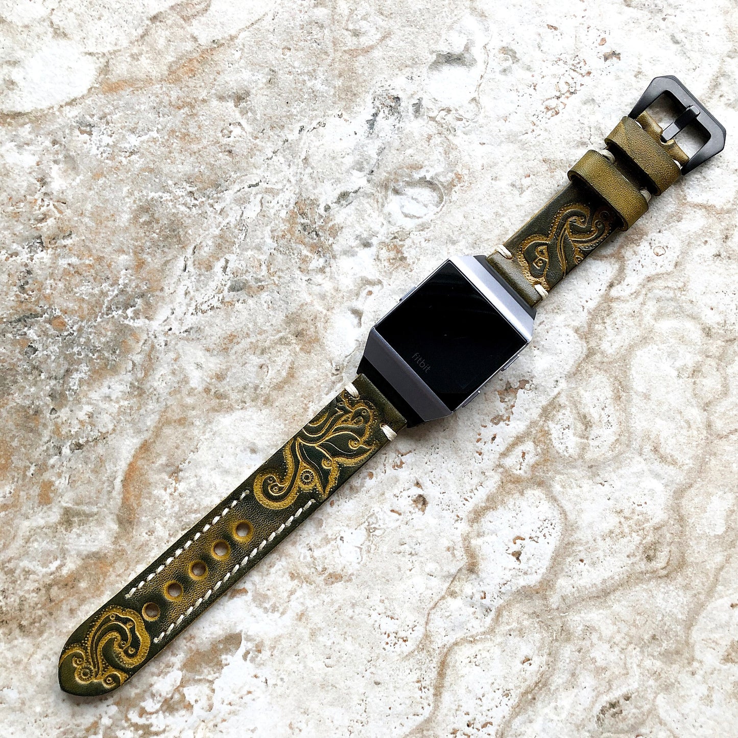 Fitbit Ionic Green Yellow Tooled Embossed Handmade Leather Bracelet for Watch Band Strap with Quick Release Adapters Silver Rose Gold Black