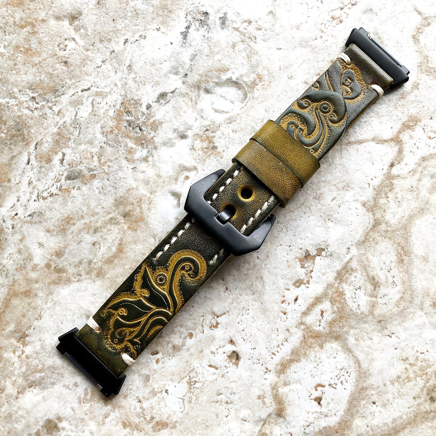 Fitbit Ionic Green Yellow Tooled Embossed Handmade Leather Bracelet for Watch Band Strap with Quick Release Adapters Silver Rose Gold Black