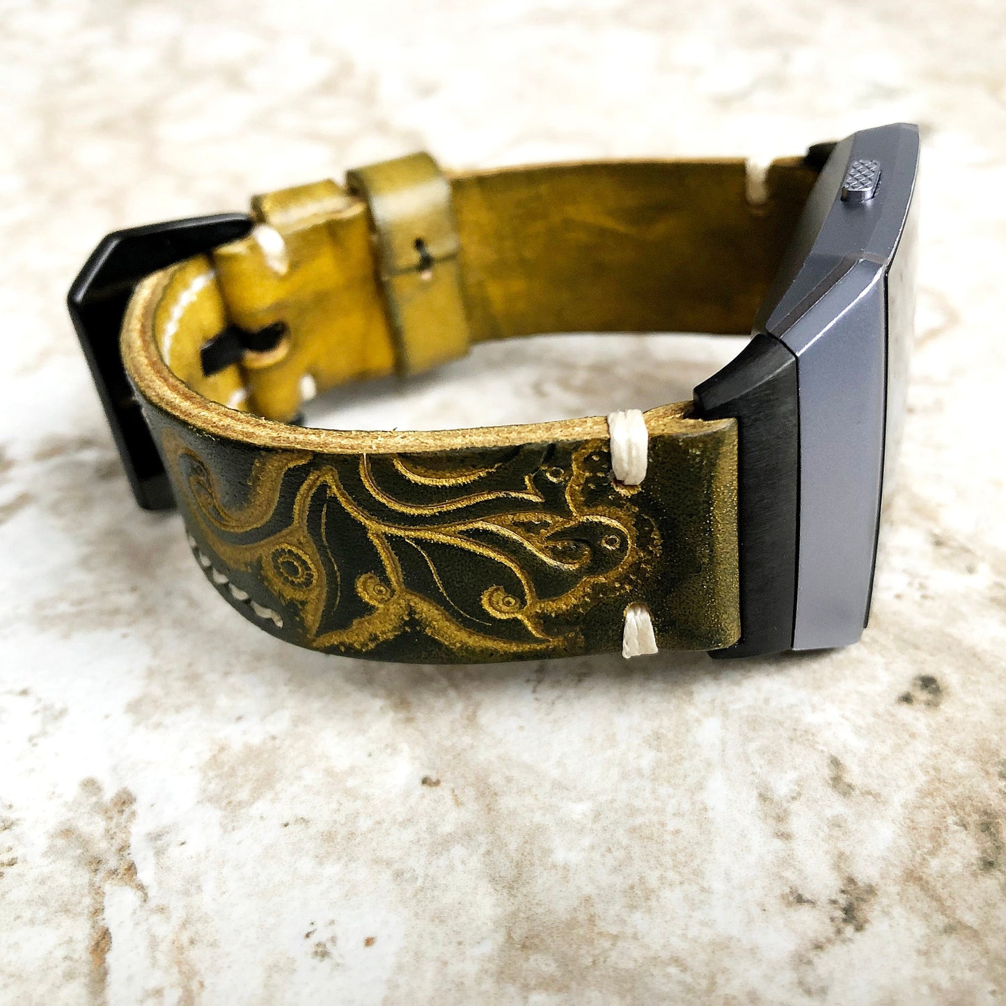 Fitbit Ionic Green Yellow Tooled Embossed Handmade Leather Bracelet for Watch Band Strap with Quick Release Adapters Silver Rose Gold Black