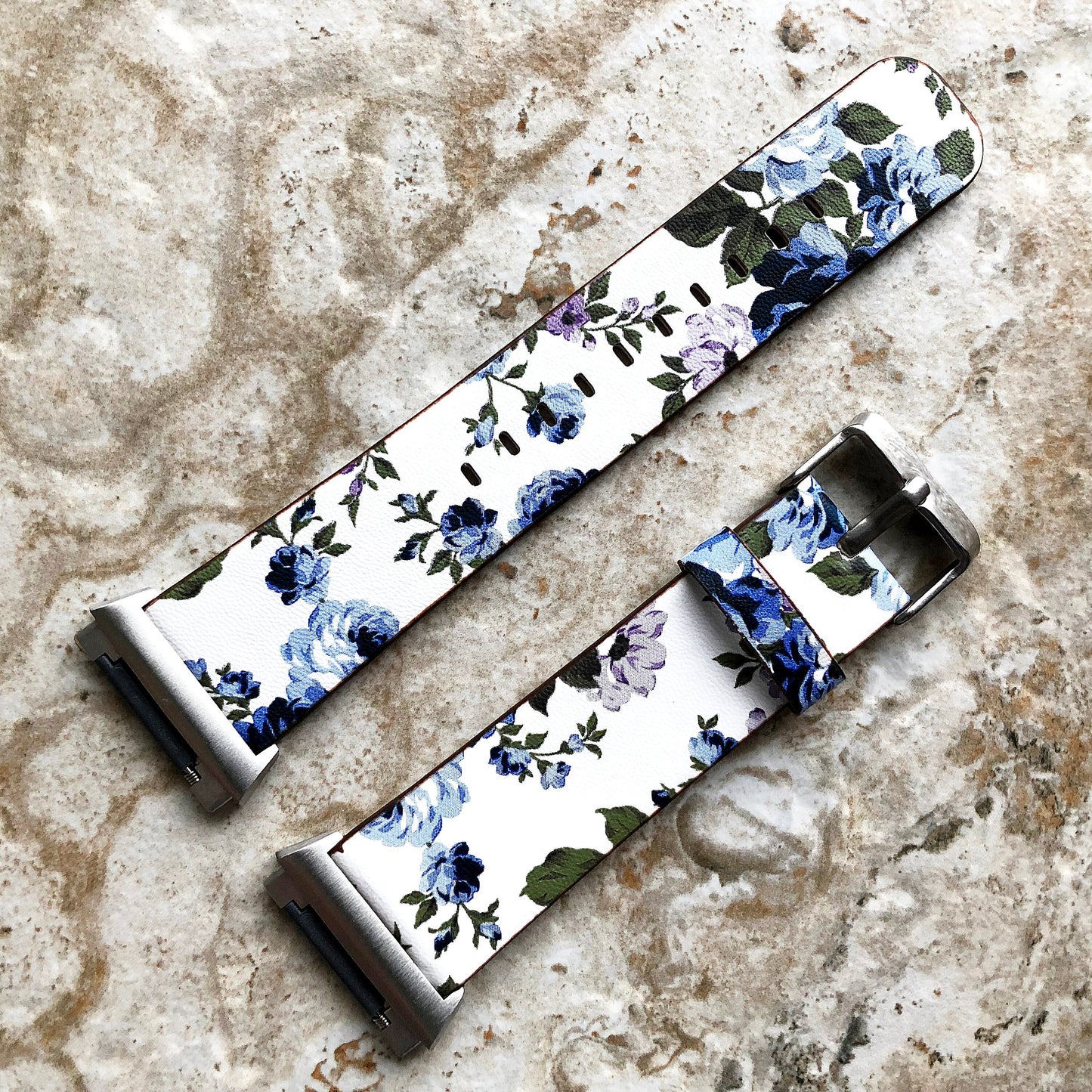 Fitbit Ionic Blue Floral FL-2 Soft Leather Band Strap for Watch Band Strap with Quick Release Adapters in Silver Rose Gold Black