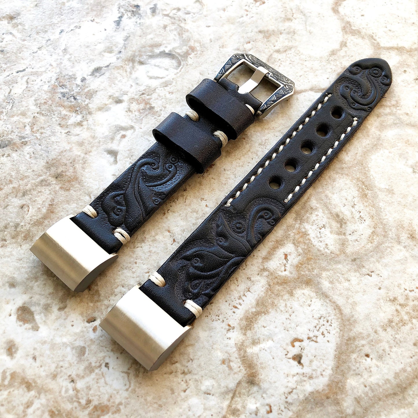 Fitbit Charge 6 5 4 3 Black & Gray Leather Band for Fitness Tracker Tooled Embossed Handmade Strap Bracelet Wristband Adapters Quick Release