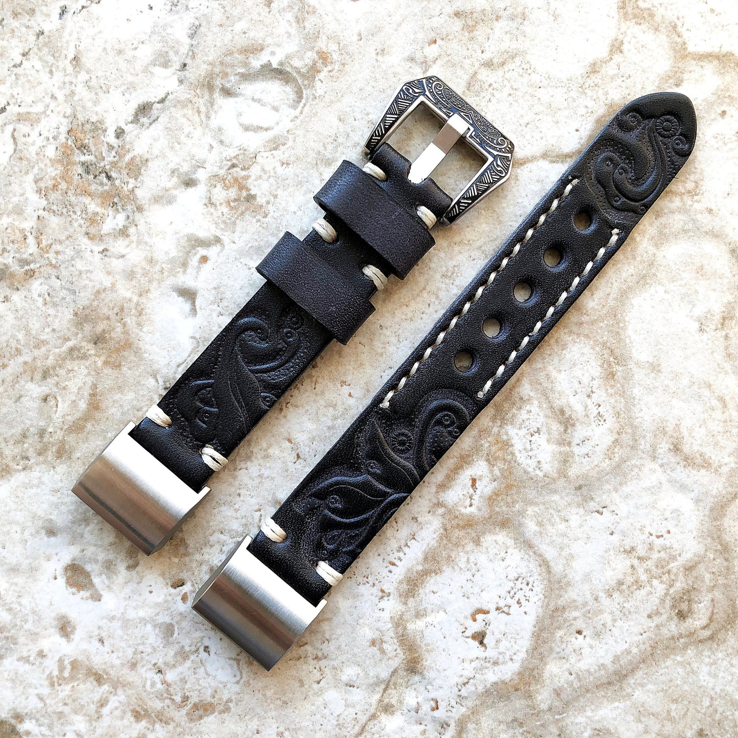 Fitbit Charge 6 5 4 3 Black & Gray Leather Band for Fitness Tracker Tooled Embossed Handmade Strap Bracelet Wristband Adapters Quick Release