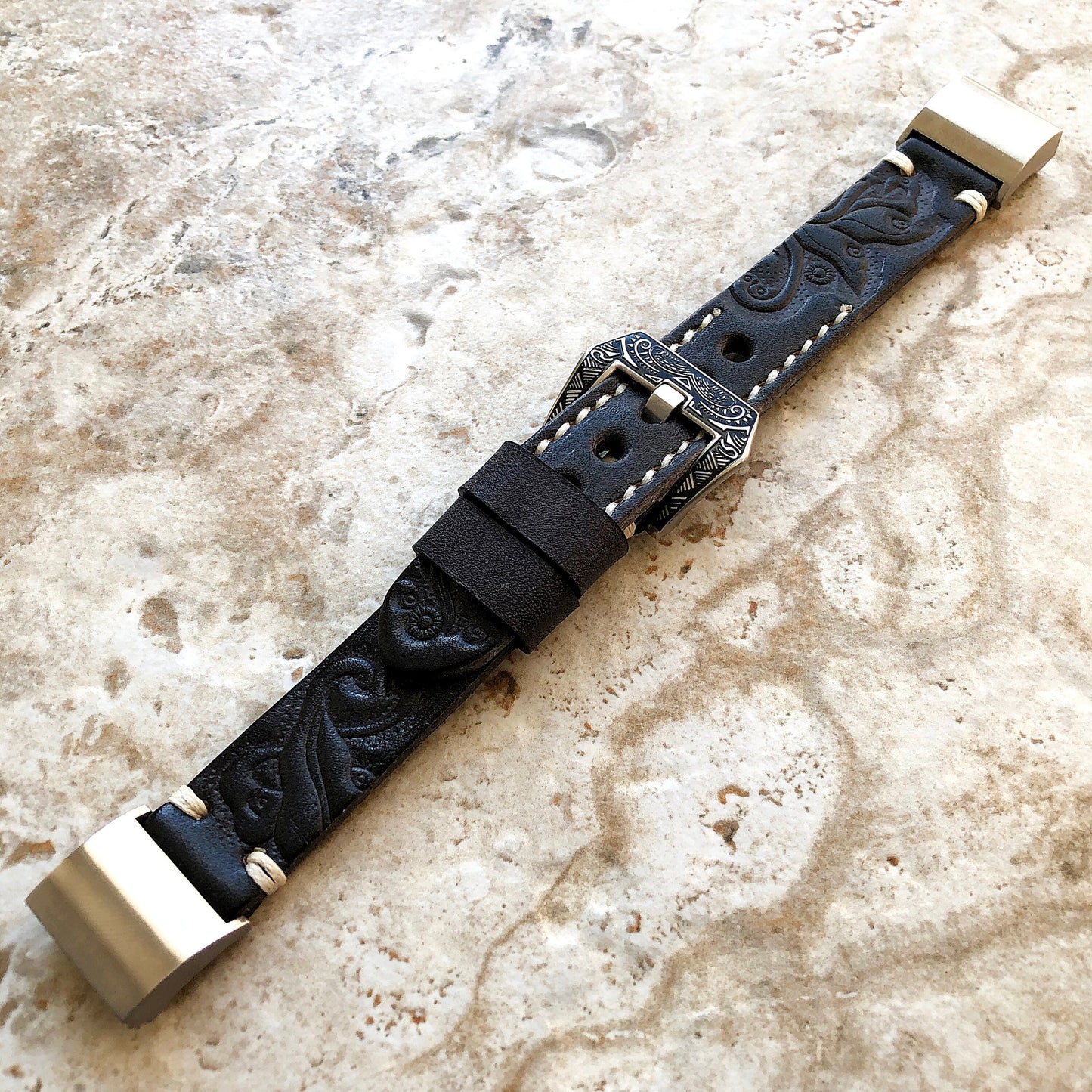Fitbit Charge 6 5 4 3 Black & Gray Leather Band for Fitness Tracker Tooled Embossed Handmade Strap Bracelet Wristband Adapters Quick Release