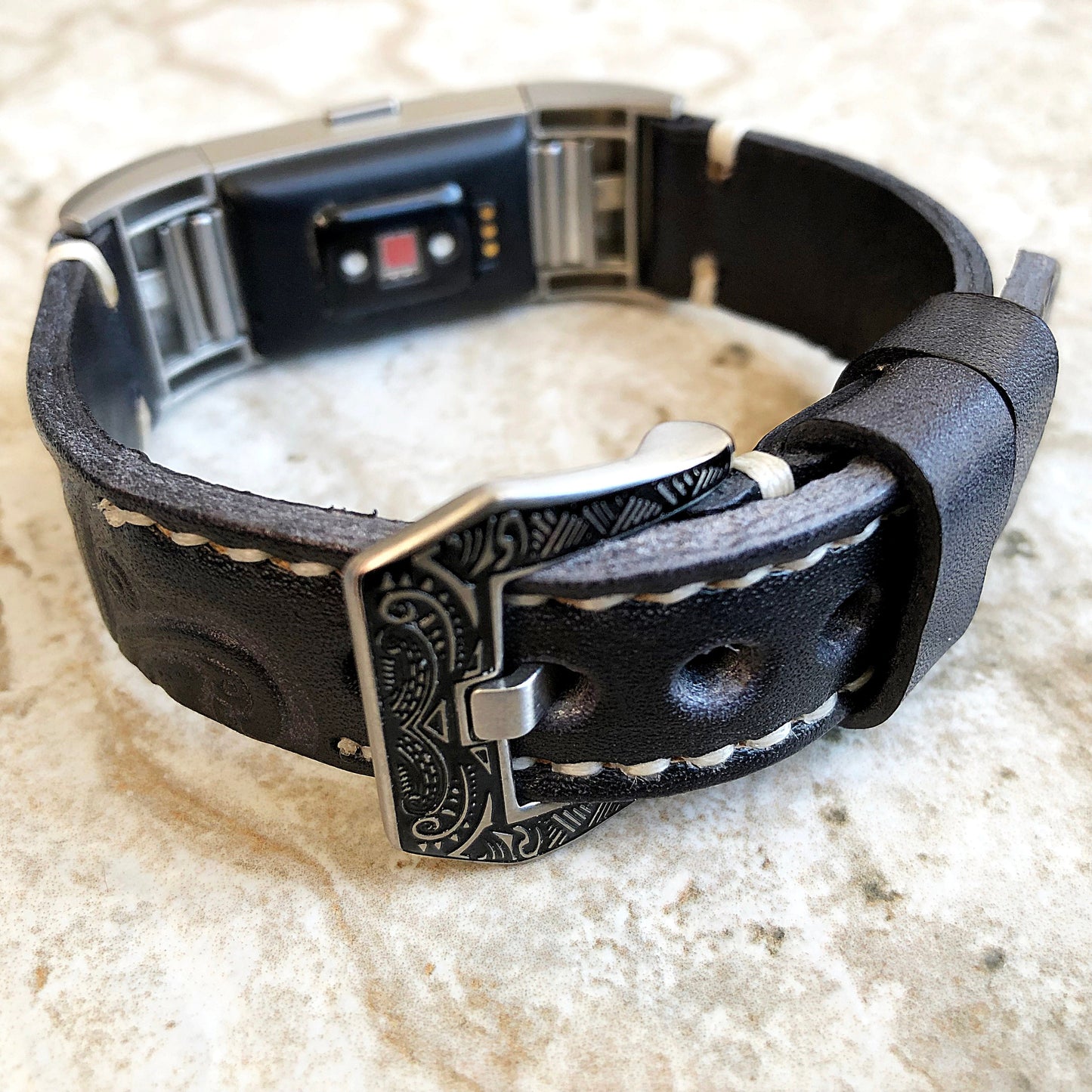 Fitbit Charge 2 Black Gray Tooled Embossed Leather Band Strap Bracelet Compatible with Fitness Tracker Wristband w Adapters Quick Release