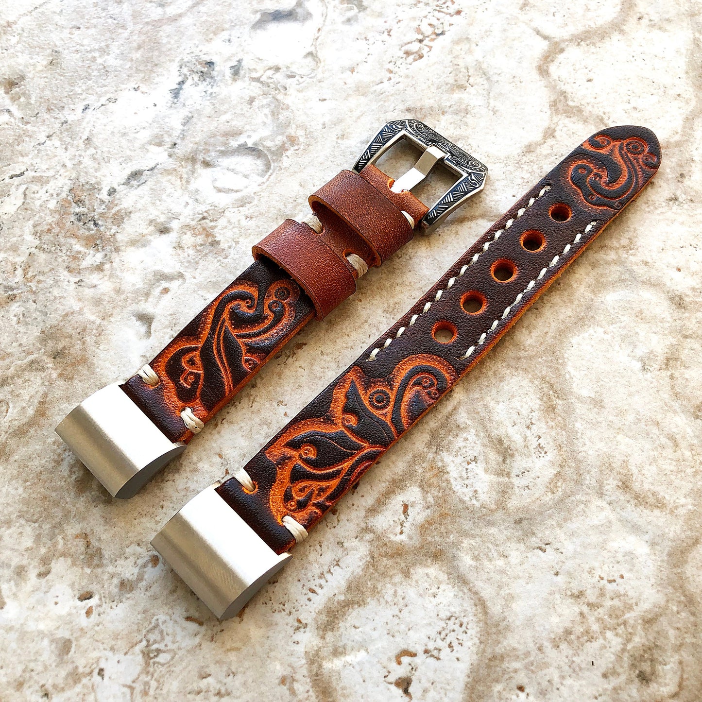 Fitbit Charge 6 5 4 3 Brown Orange Leather Band for Fitness Tracker Tooled Embossed Handmade Strap Bracelet Wristband Adapters Quick Release