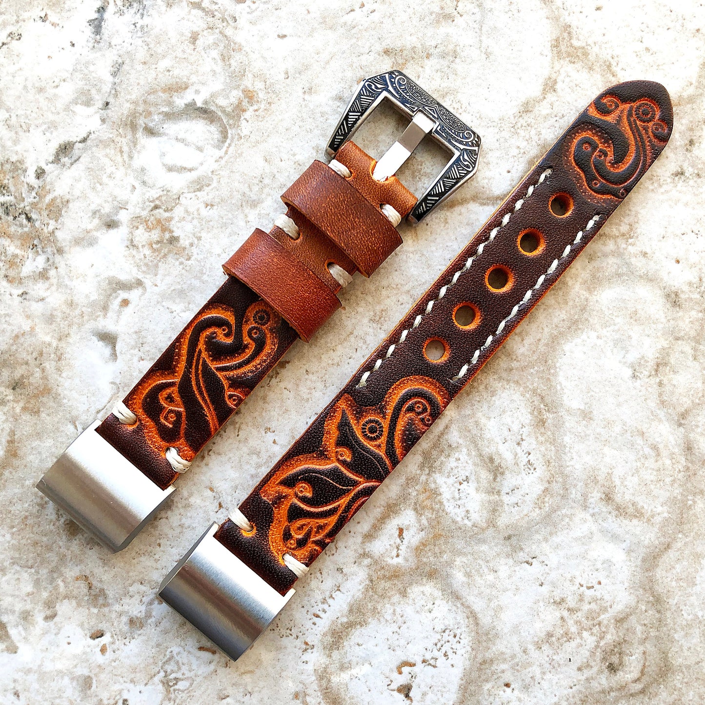 Fitbit Charge 6 5 4 3 Brown Orange Leather Band for Fitness Tracker Tooled Embossed Handmade Strap Bracelet Wristband Adapters Quick Release