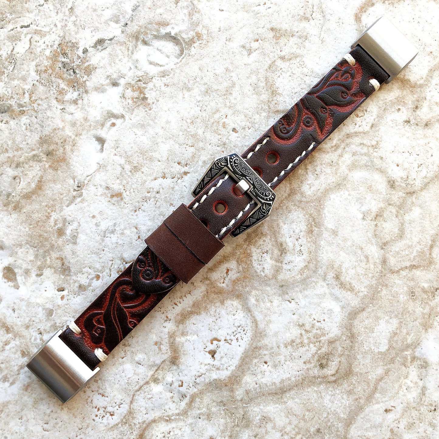 Fitbit Charge 2 Dark Brown Tooled Embossed Leather Band Strap Bracelet Compatible with Fitness Tracker Wristband w Adapters Quick Release