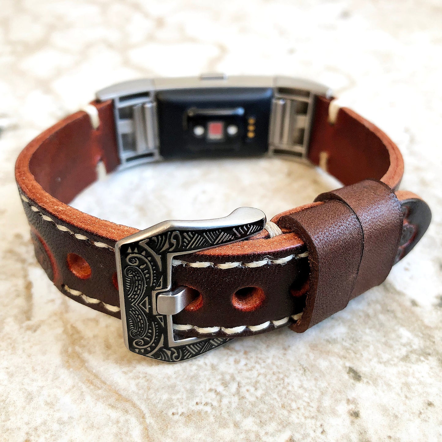 Fitbit Charge 6 5 4 3 Dark Brown Tooled Embossed Handmade Leather Band Strap Bracelet for Fitness Tracker Wristband w Adapters Quick Release
