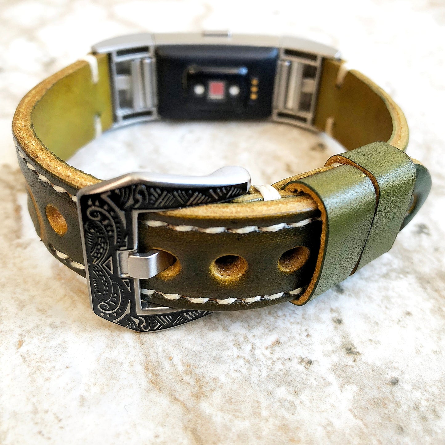 Fitbit Charge 6 5 4 3 Green Yellow Tooled Embossed Handmade Leather Band Strap Bracelet for Fitness Tracker Wristband Adapters Quick Release