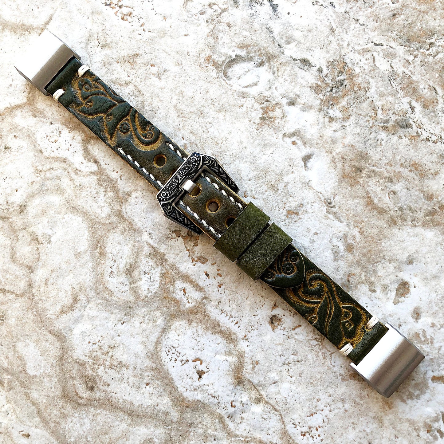 Fitbit Charge 6 5 4 3 Green Yellow Tooled Embossed Handmade Leather Band Strap Bracelet for Fitness Tracker Wristband Adapters Quick Release
