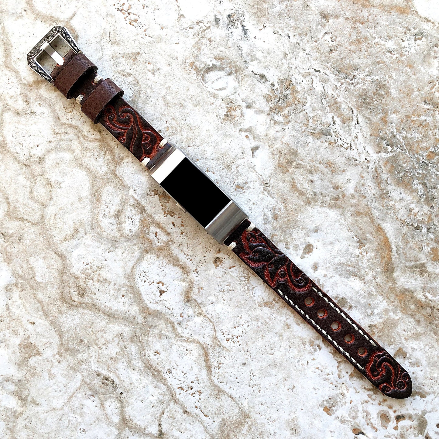 Fitbit Charge 6 5 4 3 Dark Brown Tooled Embossed Handmade Leather Band Strap Bracelet for Fitness Tracker Wristband w Adapters Quick Release