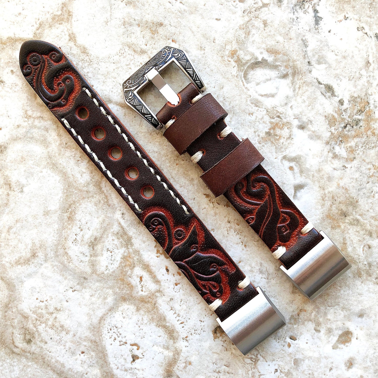 Fitbit Charge 6 5 4 3 Dark Brown Tooled Embossed Handmade Leather Band Strap Bracelet for Fitness Tracker Wristband w Adapters Quick Release