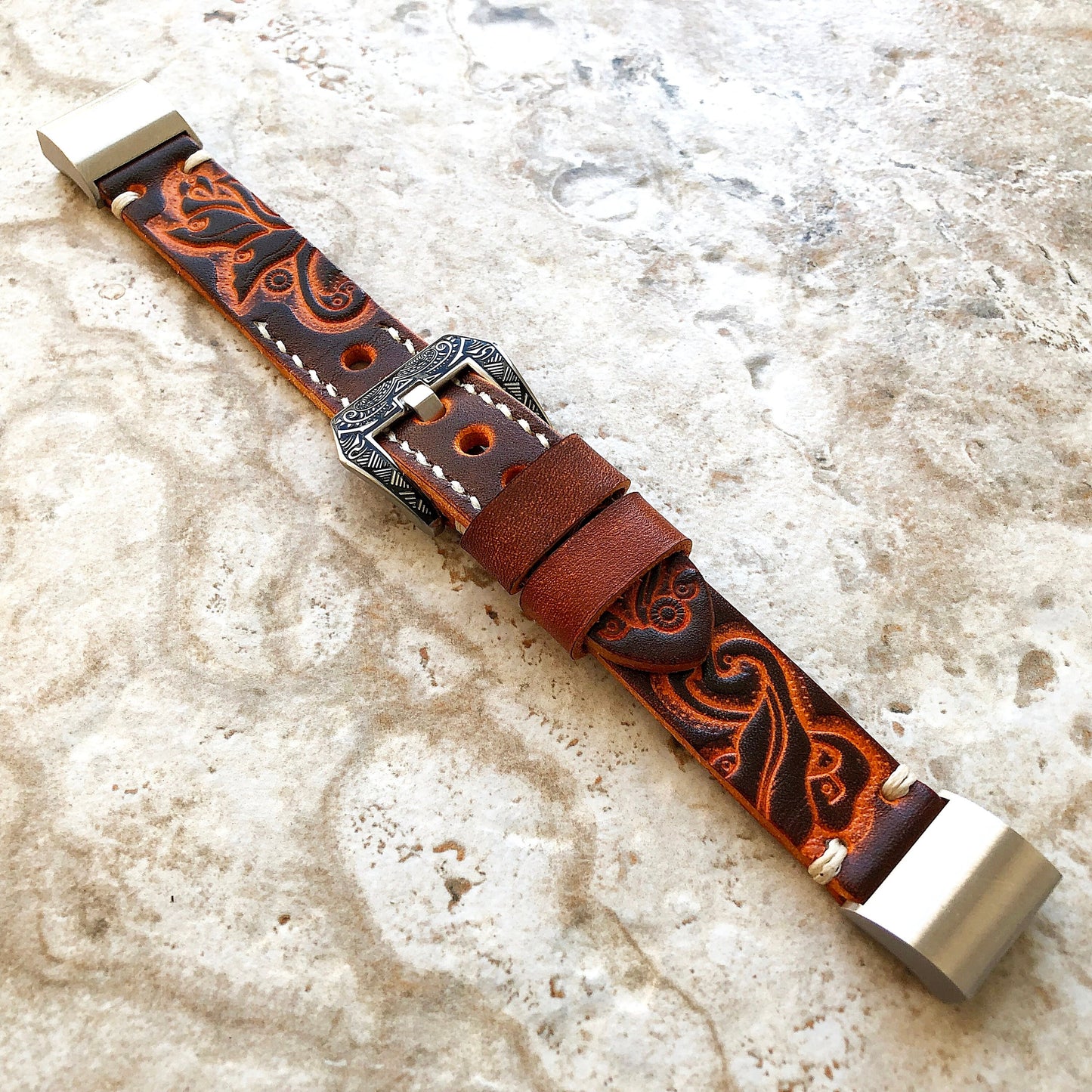Fitbit Charge 6 5 4 3 Brown Orange Tooled Embossed Handmade Leather Band Strap Bracelet for Fitness Tracker Wristband Adapters Quick Release