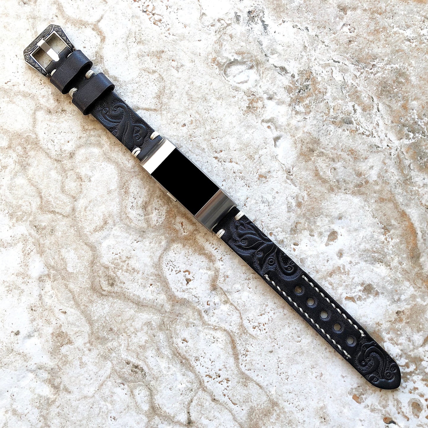 Fitbit Charge 6 5 4 3 Black Gray Tooled Embossed Handmade Leather Band Strap Bracelet for Fitness Tracker Wristband Adapters Quick Release