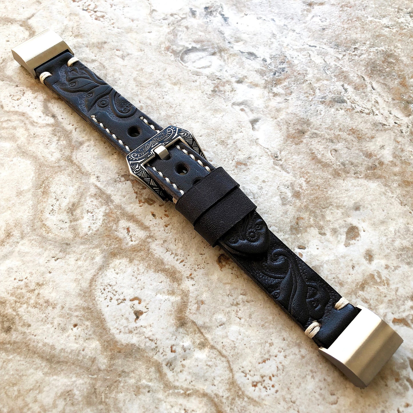 Fitbit Charge 6 5 4 3 Black Gray Tooled Embossed Handmade Leather Band Strap Bracelet for Fitness Tracker Wristband Adapters Quick Release