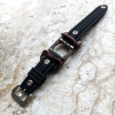 Apple Brown Leather with Black Rubber Band for iWatch Ultra 2 9 8 7 6 SE 5 4 3 2 1 Case 38mm 40 41mm 42mm 44mm 45mm 49mm Bracelet Strap Cuff