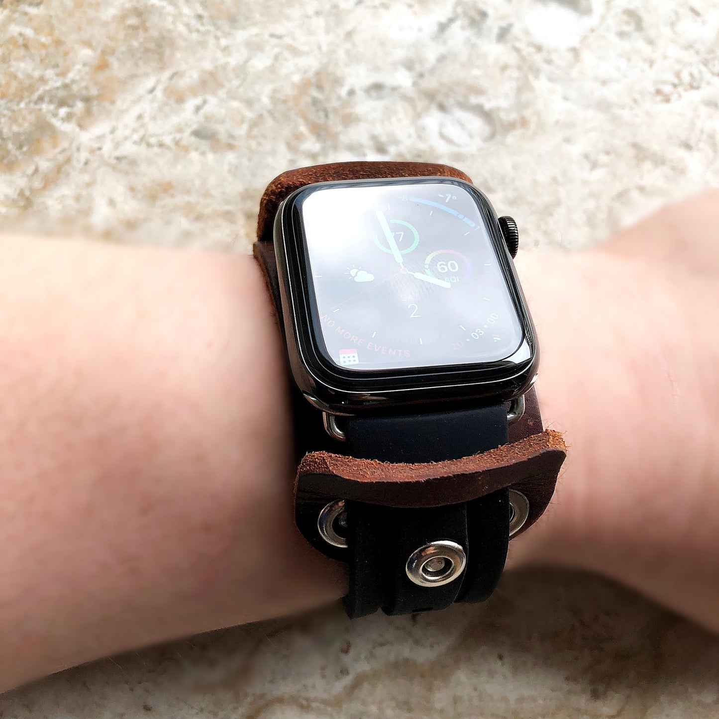 Apple Brown Leather with Black Rubber Band for iWatch Ultra 2 9 8 7 6 SE 5 4 3 2 1 Case 38mm 40 41mm 42mm 44mm 45mm 49mm Bracelet Strap Cuff