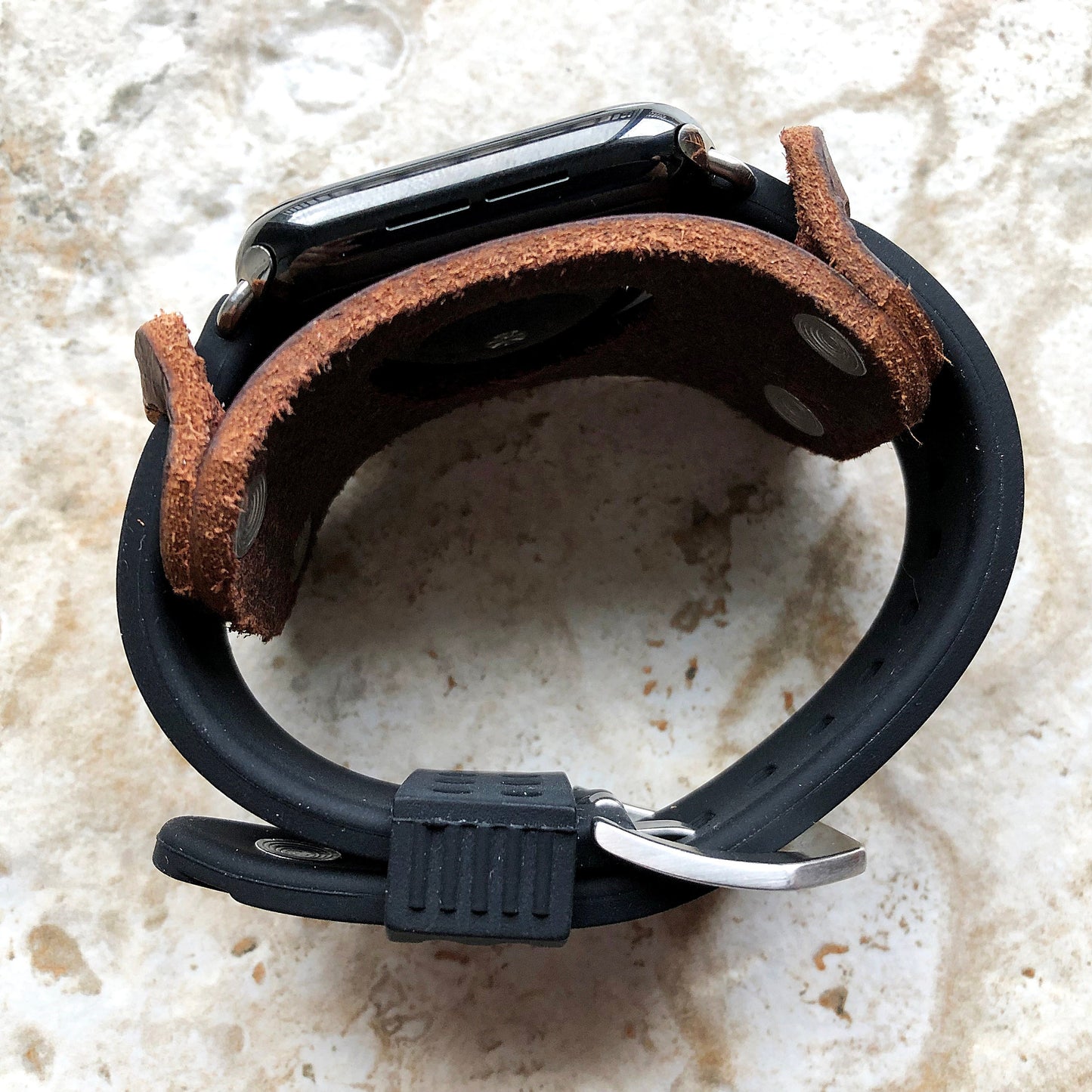 Apple Brown Leather with Black Rubber Band for iWatch Ultra 2 9 8 7 6 SE 5 4 3 2 1 Case 38mm 40 41mm 42mm 44mm 45mm 49mm Bracelet Strap Cuff