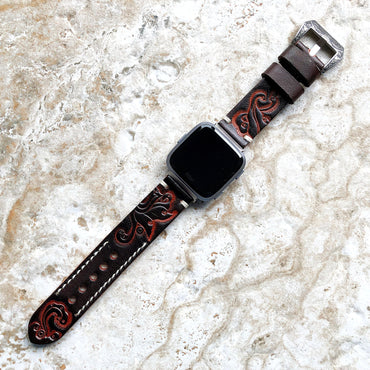 Band for Fitbit Versa 2 3 4 Sense 2 Dark Brown Tooled Embossed Leather Bracelet Watch Strap Quick Release Adapters Silver Rose Gold Black