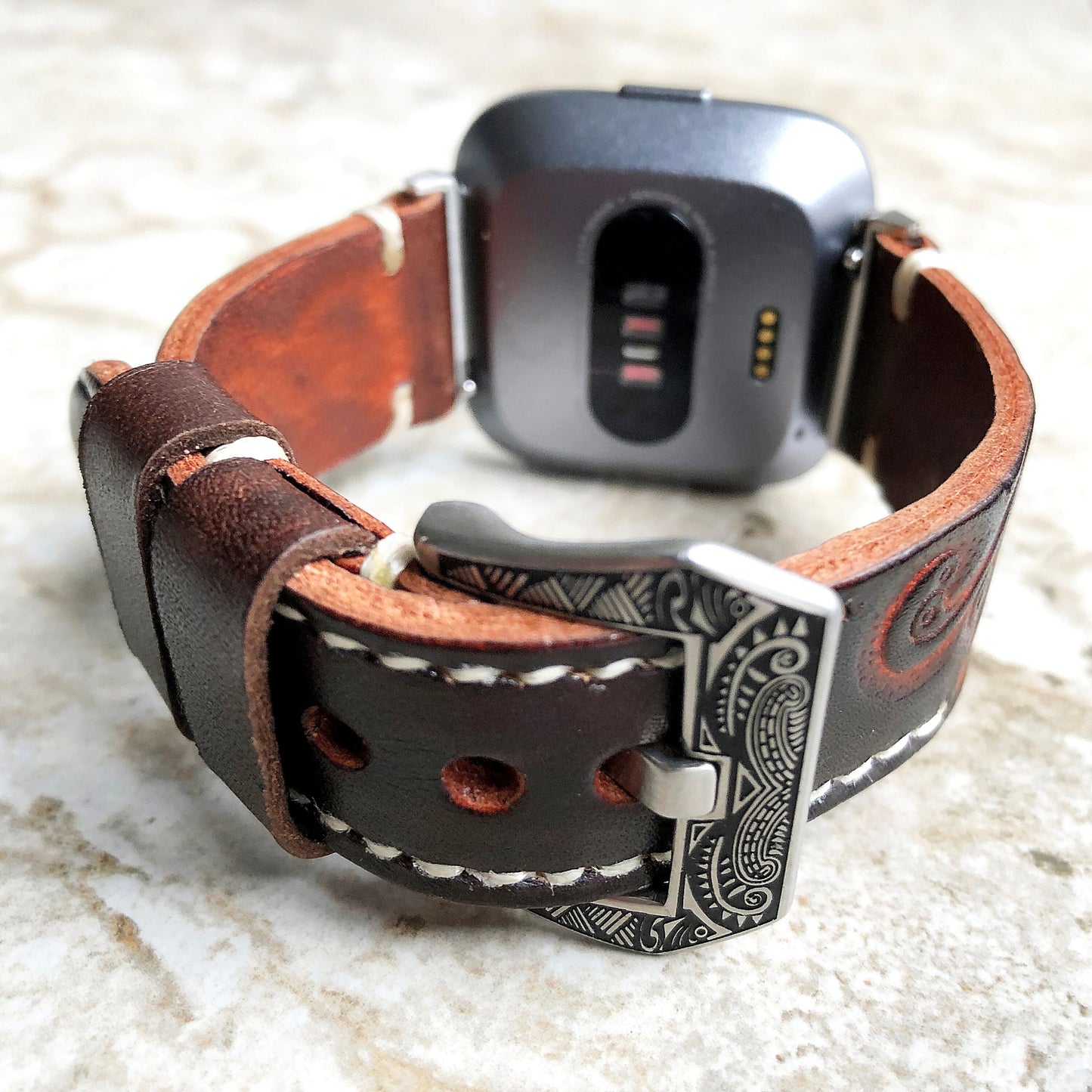 Band for Fitbit Versa 2 3 4 Sense 2 Dark Brown Tooled Embossed Leather Bracelet Watch Strap Quick Release Adapters Silver Rose Gold Black