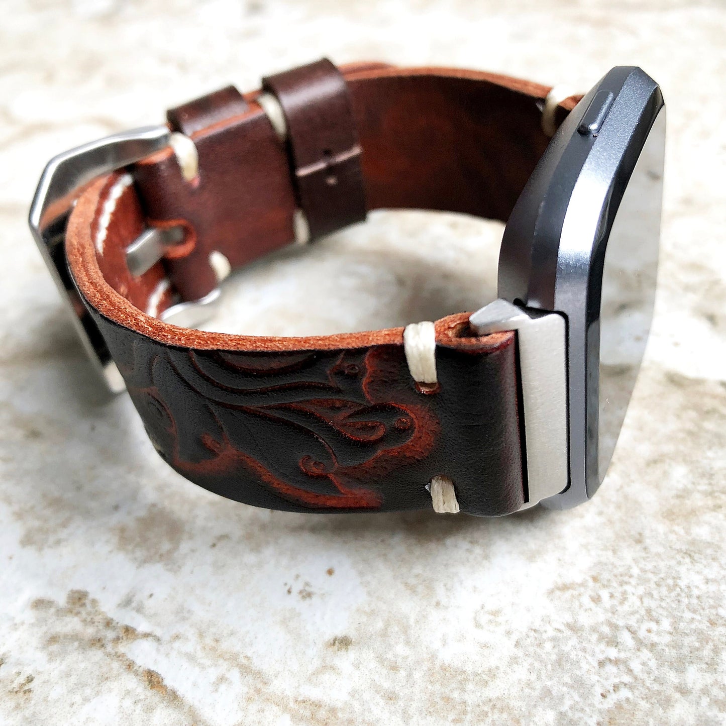 Band for Fitbit Versa 2 3 4 Sense 2 Dark Brown Tooled Embossed Leather Bracelet Watch Strap Quick Release Adapters Silver Rose Gold Black