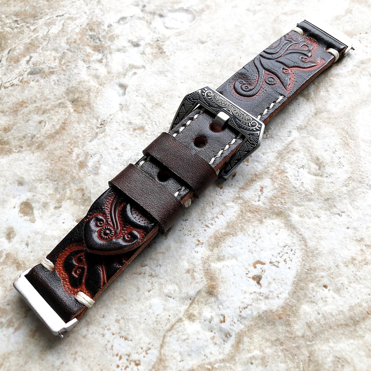 Band for Fitbit Versa 2 3 4 Sense 2 Dark Brown Tooled Embossed Leather Bracelet Watch Strap Quick Release Adapters Silver Rose Gold Black