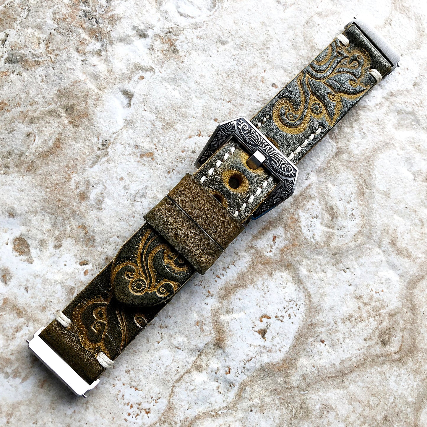 Band for Fitbit Versa 2 3 4 Sense 2 Green Yellow Tooled Embossed Leather Bracelet Watch Strap Quick Release Adapters Silver Rose Gold Black