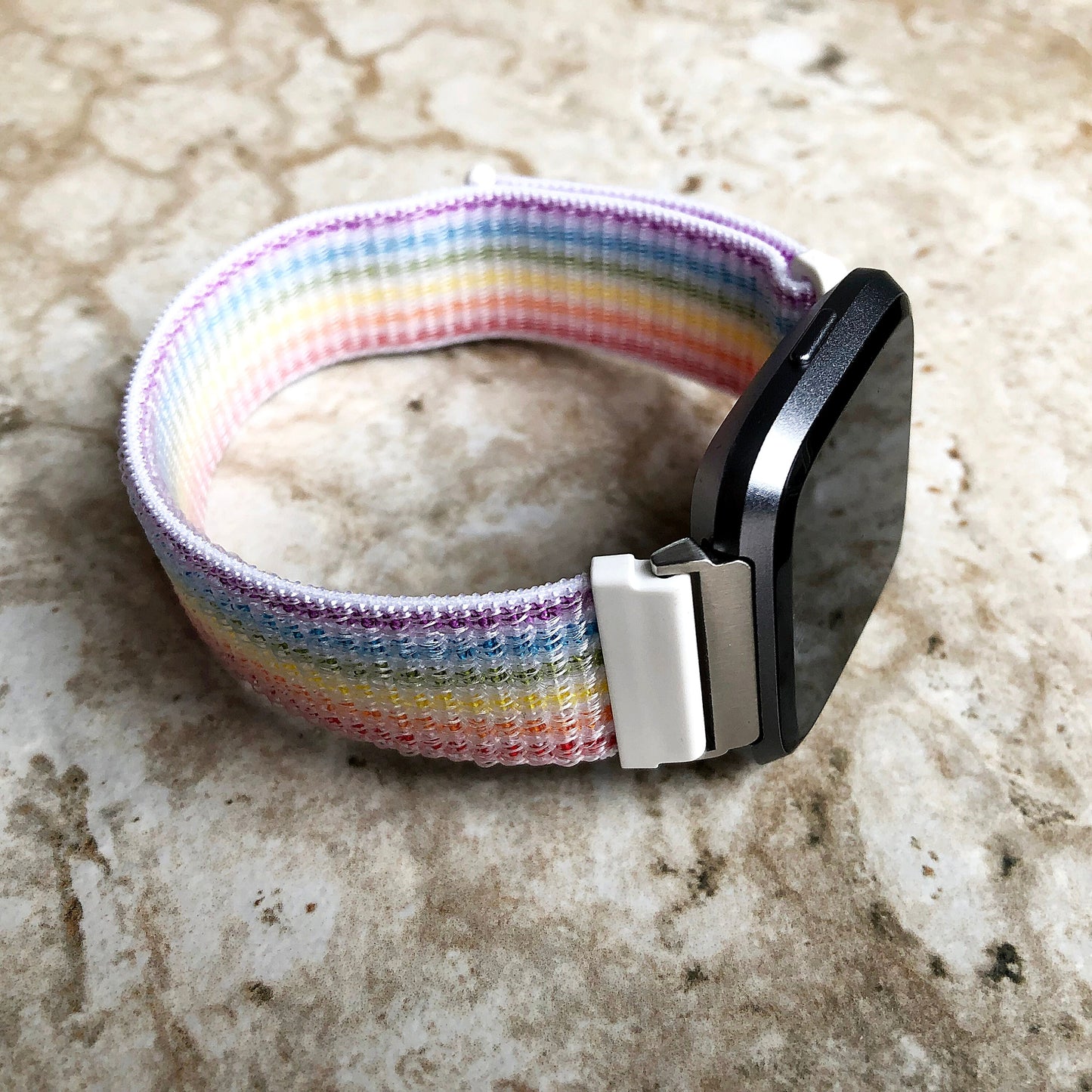Fitbit Versa 2 3 4 Sense 2 Sports Band Rainbow Loop and Hook Strap Watch Bands Straps Adjustable with Quick Adapters Silver Rose Gold Black